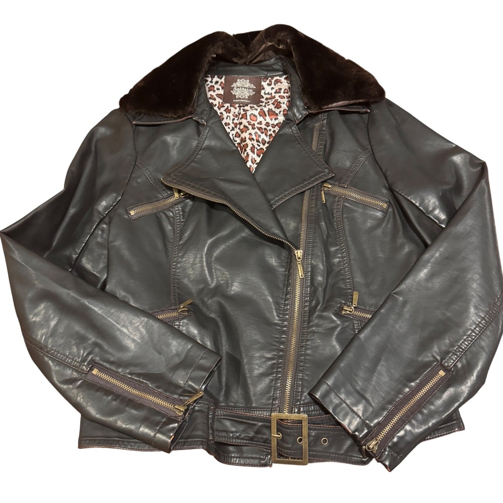 Solitaire Ravi Khosla Brown Faux Leather Moto Jacket Leopard Fur Collar Large